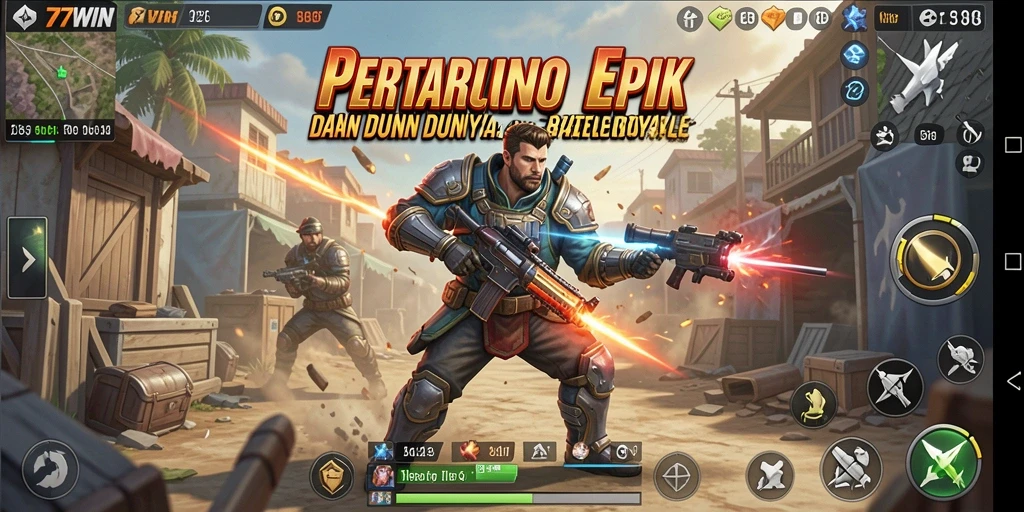 Screenshot gameplay 77WIN yang menampilkan pertempuran seru di arena Battle Royale.
