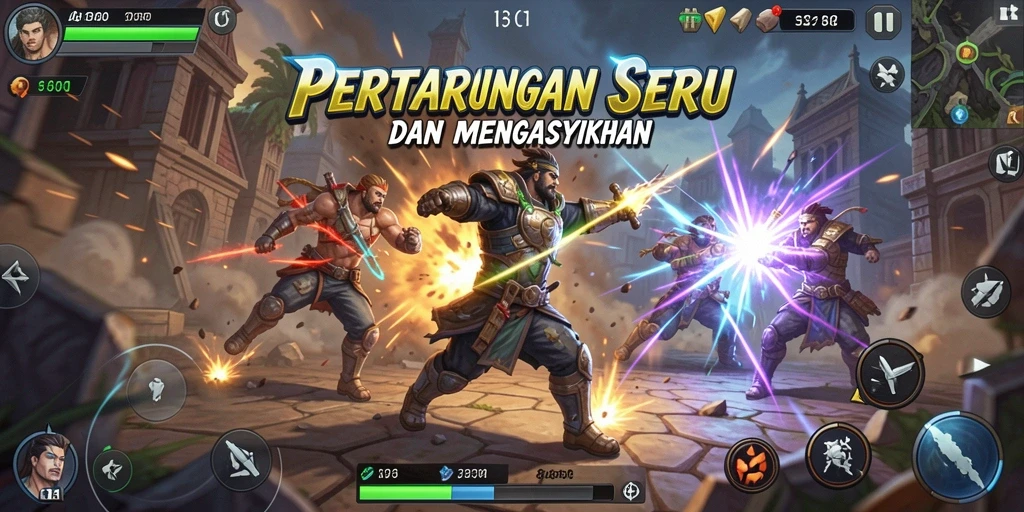 Screenshot utama MBOOM menampilkan duel seru antara karakter dalam aksi pertarungan.